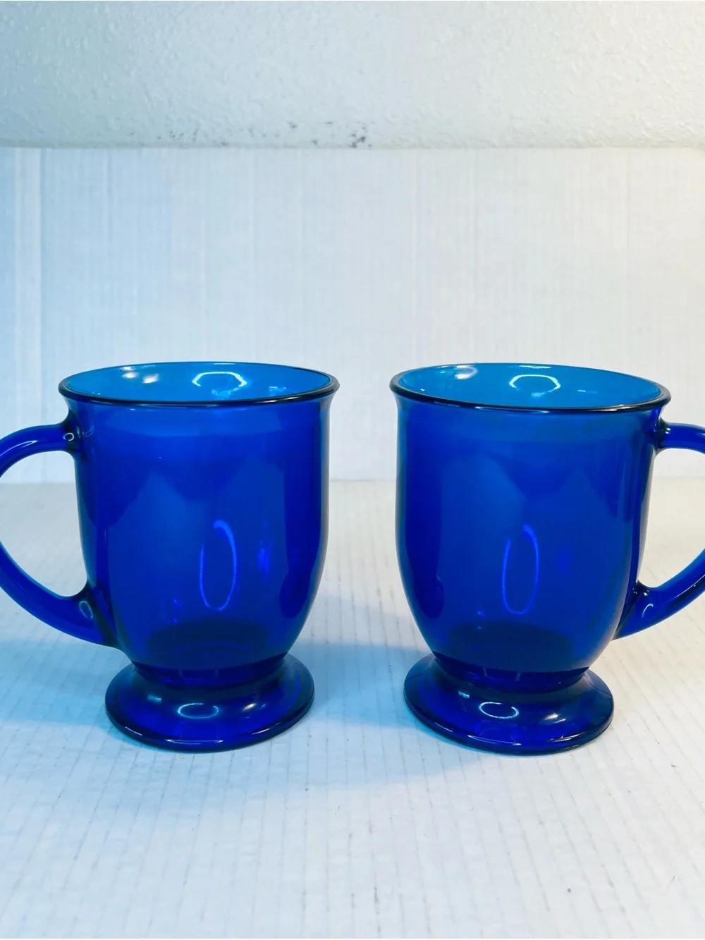 VTG Cobalt Blue Glass Pedestal Mugs - Set of 2 16oz